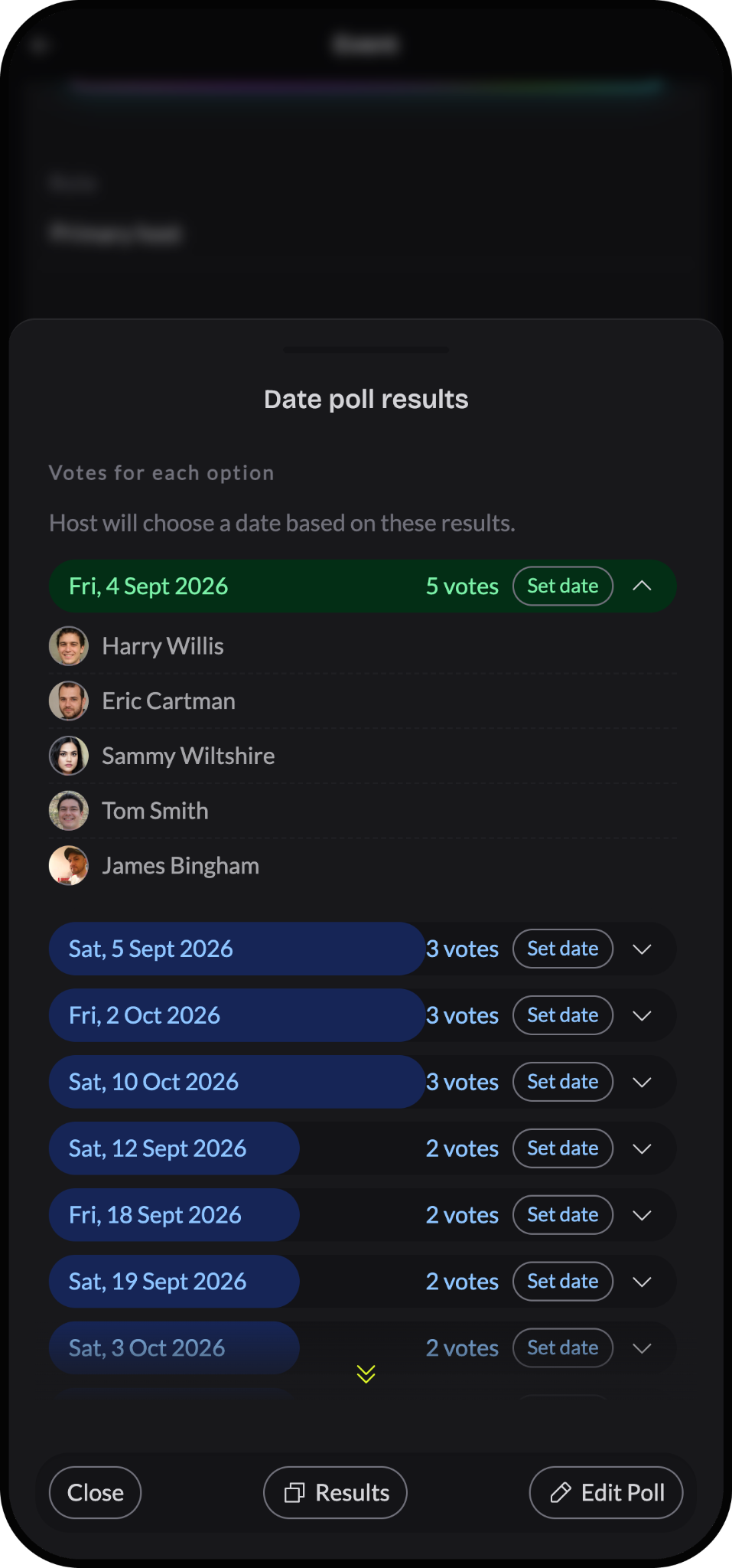 Shindig date poll results showing votes for different dates