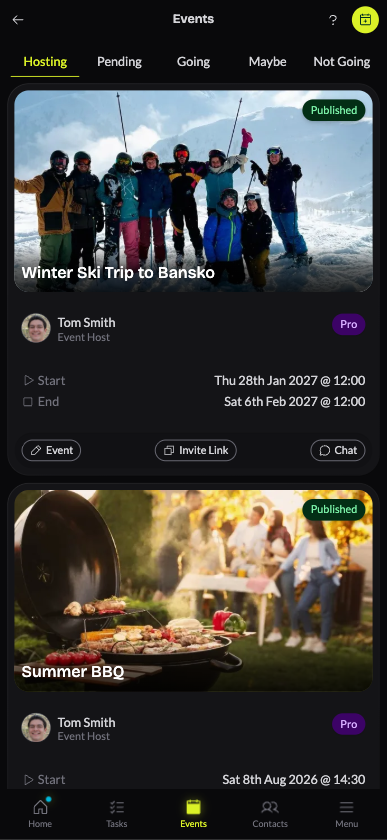 Shindig's event list showing a ski trip and a summer barbecue